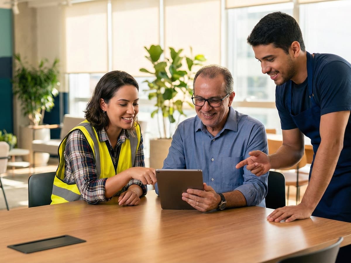 Equipe diversa de profissionais colaborando com tablet