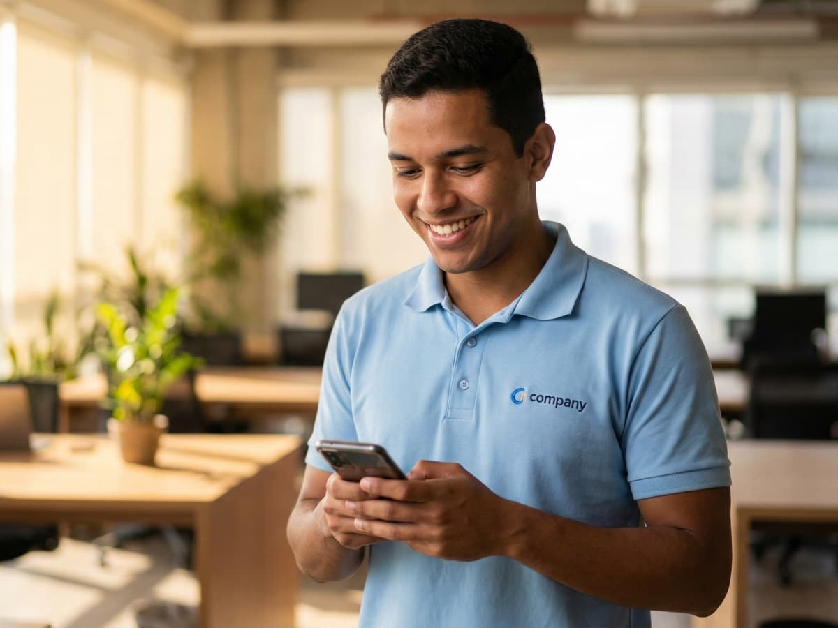 Profissional sorridente usando celular no ambiente de trabalho